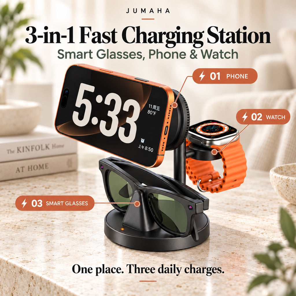 Jumaha 3-in-1 Fast Charging Station — Smart Glasses, Phone & Watch