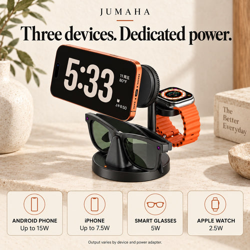 Jumaha 3-in-1 Fast Charging Station — Smart Glasses, Phone & Watch