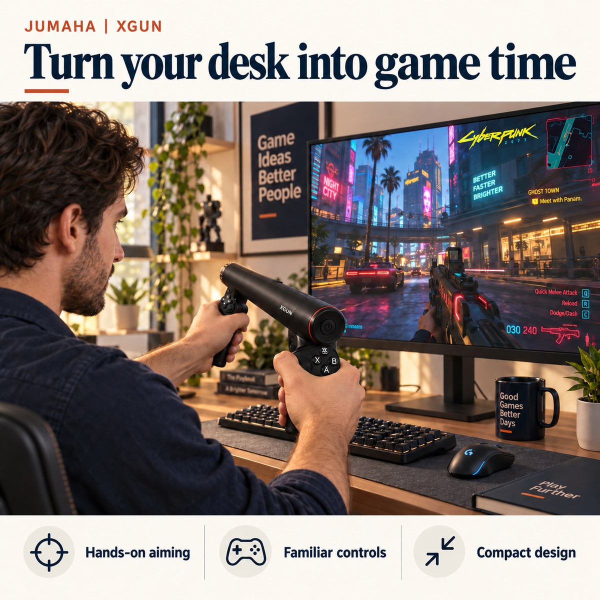 Jumaha XGUN compact controller in a desk gaming session